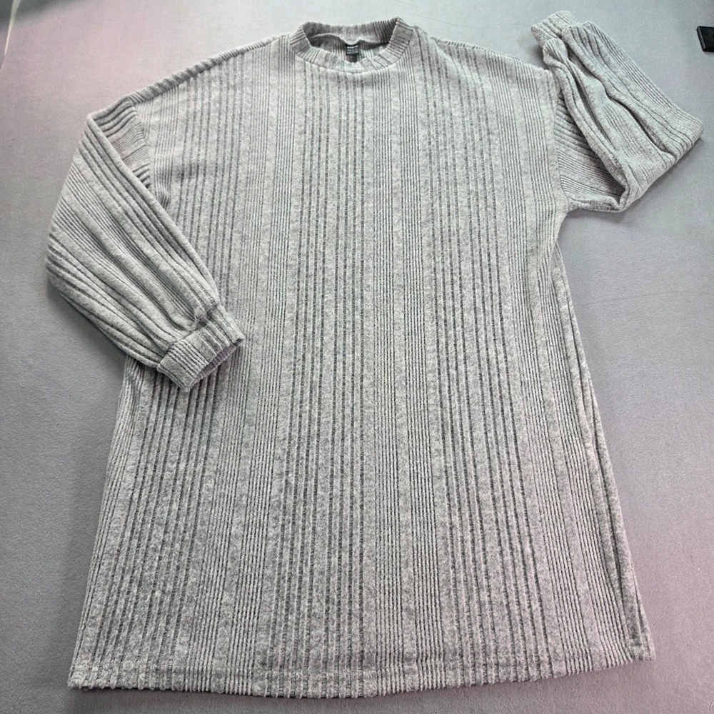 Gray Ribbed Knit Sweater Dress Oversized Long Sleeve Coated Crew Neck L